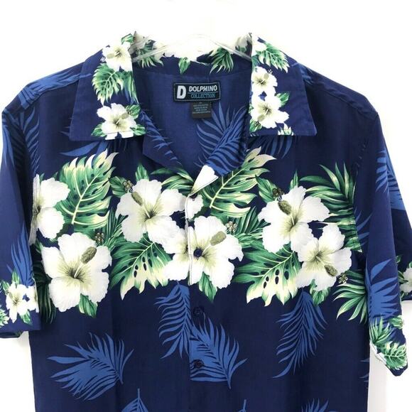 Dolphino Mens Hawaiian Shirt Floral Blue White Green Short Sleeve Classic Fit M - Picture 2 of 7
